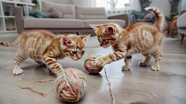 cute kittens playing with a ball of thread
