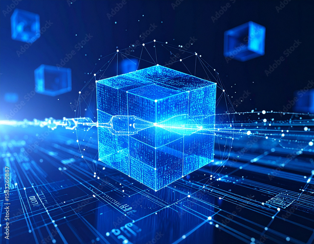 Aufkleber a vibrant, glowing blue cube composed of digital lines and particles, surrounded by interconnected d