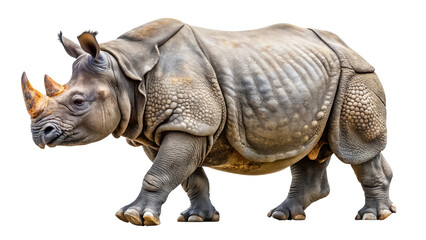 Fototapeta premium A powerful rhinoceros with a textured grey hide and a sharp horn walks with its head turned to the side isolated on transparent background