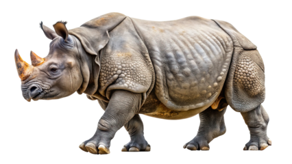 A powerful rhinoceros with a textured grey hide and a sharp horn walks with its head turned to the side isolated on transparent background