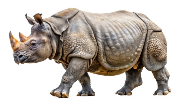 A powerful rhinoceros with a textured grey hide and a sharp horn walks with its head turned to the side isolated on transparent background