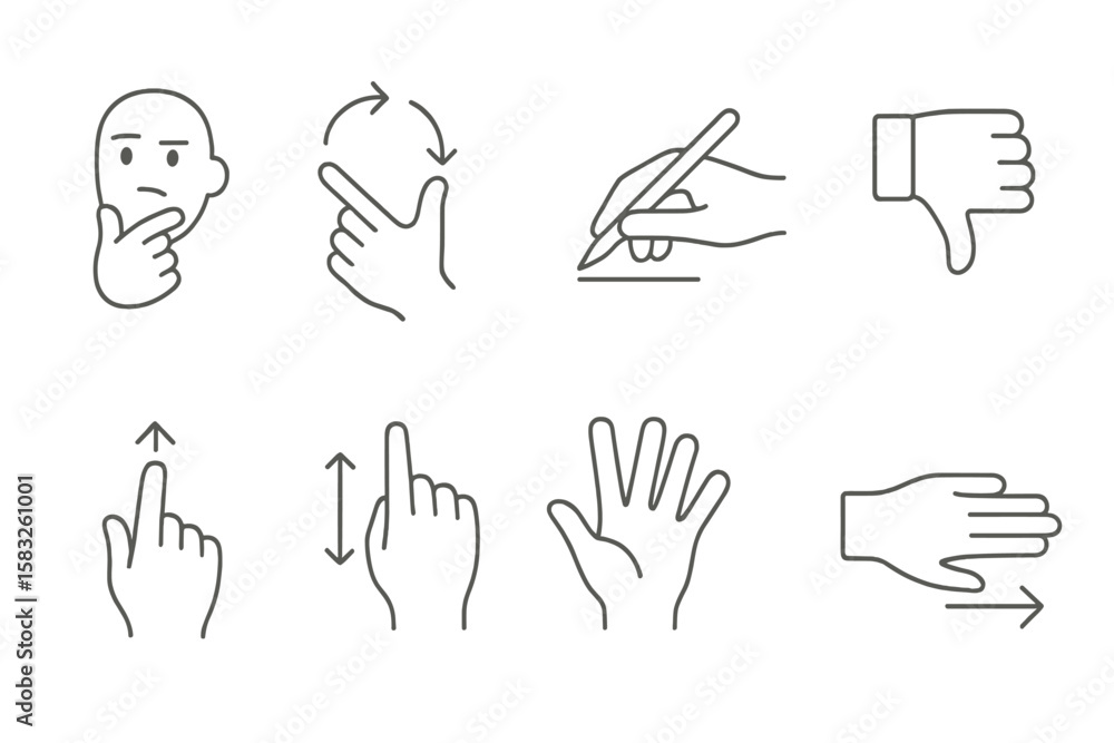 Poster gesture icon set. hand movements and actions in a sleek line art style collection