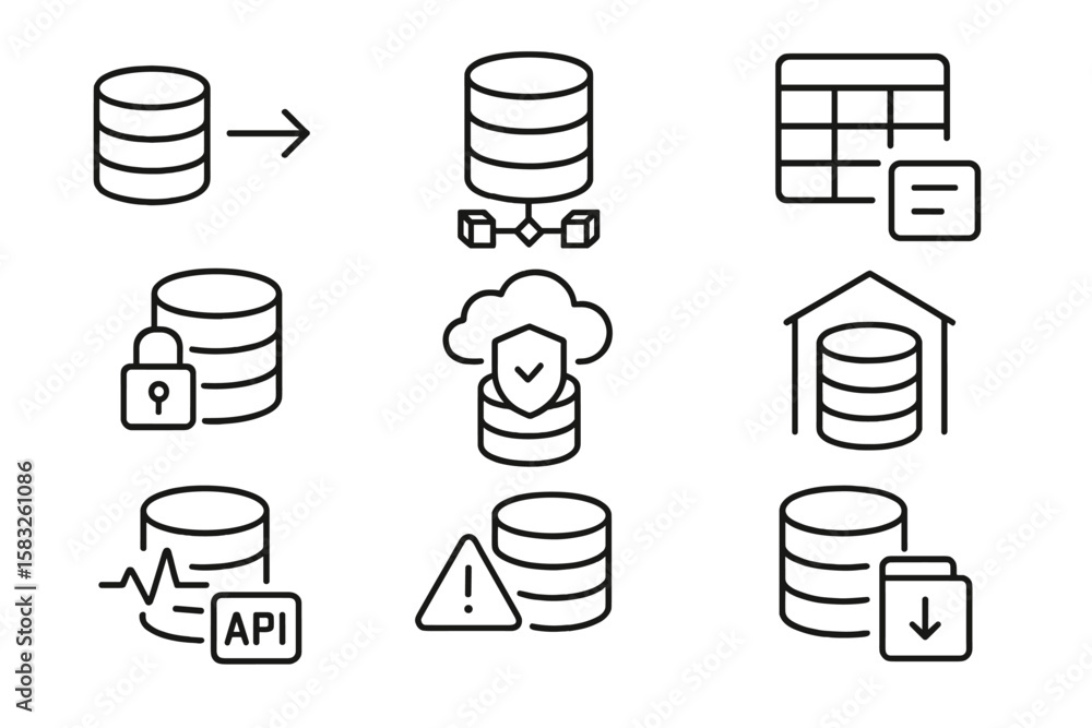 Aufkleber data storage and management line icon set. database, cloud, api, security icons collection