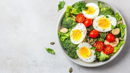 Fresh and Vibrant: A macro shot captures a beautifully arranged breakfast bowl with a colorful medley of fresh, natural ingredients, including sliced boiled eggs, broccoli florets.