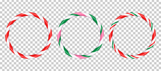 Rectangular Christmas frame with red and white striped lollipops. Festive border design with striped lollipop pattern. Empty festive template for Christmas and New Year. Vector on white background