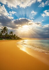 Tropical Beach Sunset with Golden Sand and Palm Trees