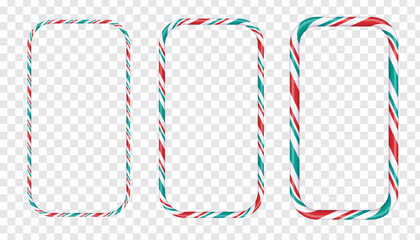 Rectangular Christmas frame with red and white striped lollipops. Festive border design with striped lollipop pattern. Empty festive template for Christmas and New Year. Vector on white background