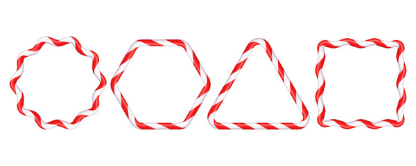 Set of Christmas candy cane figure frames with red and white stripes. Drawing of striped Christmas candy canes . New Year template with space for text .Vector illustration isolated on white background