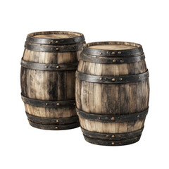 Fototapeta premium Two rustic weathered wooden barrels with metal hoops isolated against a transparent background