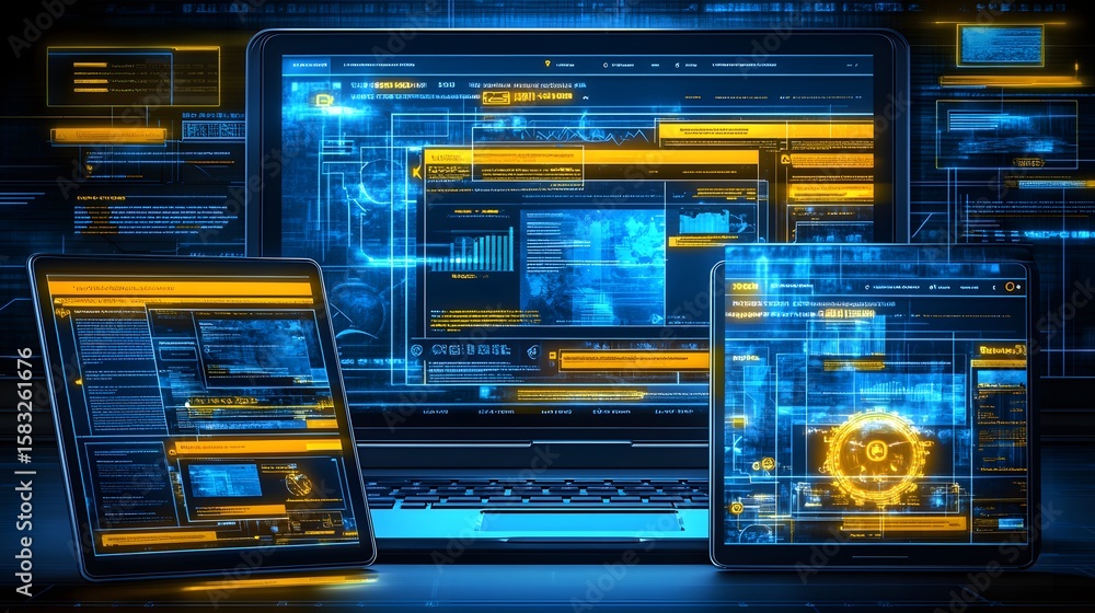 Poster digital devices with glowing interface displays.