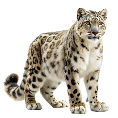 Obraz premium A majestic snow leopard with striking spotted fur stands alertly on a transparent background showcasing its powerful build and unique markings isolated on transparent background