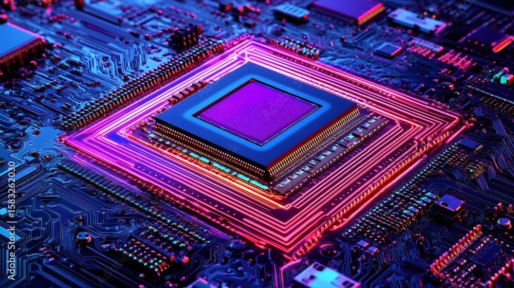 Poster close-up view of a circuit board with highlighted processor chip.