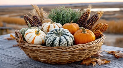 Autumn Bounty: A rustic basket overflowing with a colorful array of pumpkins, corn, and decorative elements, evoking the spirit of harvest and fall's abundance.