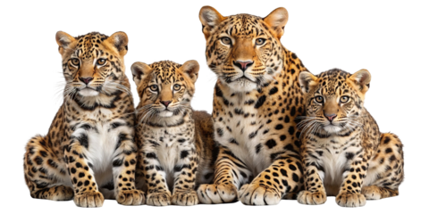A family of leopards including two cubs and two adults sitting together looking forward isolated on transparent background