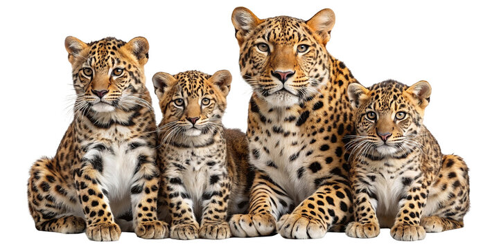 A family of leopards including two cubs and two adults sitting together looking forward isolated on transparent background
