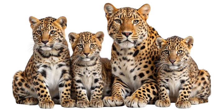 A family of leopards including two cubs and two adults sitting together looking forward isolated on transparent background