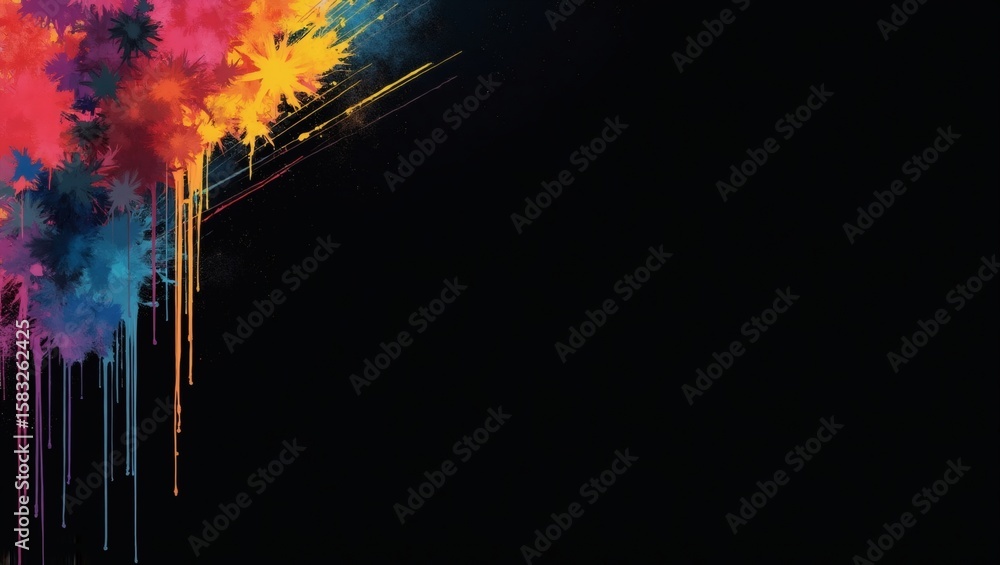 Poster colorful paint splatters artfully cascading down, creating a dynamic and visually appealing effect w