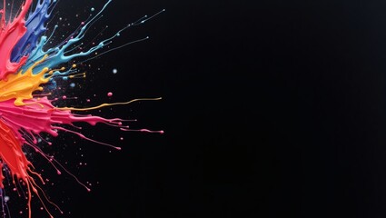 vibrant splash of colorful paint against a dark background. The dynamic composition captures the explosive energy of the paint, featuring red, yellow, and blue shades.