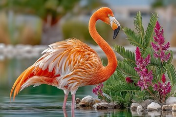 Striking flamingo portrait bright orange plumage water high resolution image