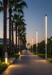 Obraz premium Illuminated Walkway with Palm Trees at Dusk