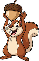 Happy Squirrel Holding Acorn: A Delightful Cartoon Illustration of Nature's Joyful Forager, Perfect for Children's Books and Autumn Themes.