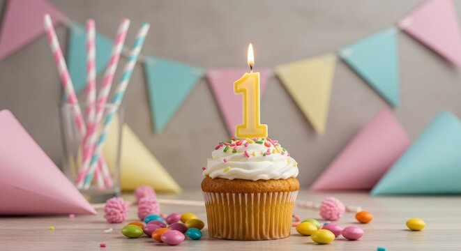 Celebrating First Birthday with Cupcake and Festive Decorations