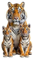 Fototapeta premium Majestic bengal tiger mother protecting her two adorable cubs in a close up portrait isolated on transparent background