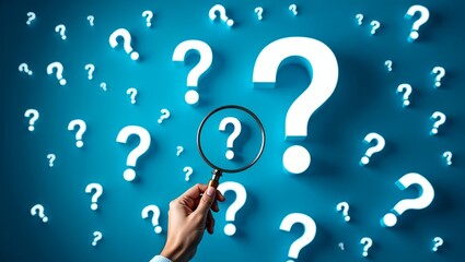 A hand holding a magnifying glass focusing on a question mark among many others on a blue background.  This image symbolizes the search for answers and problem-solving.