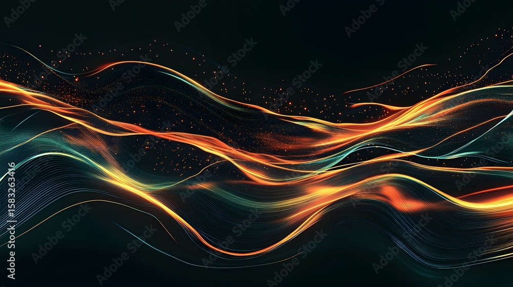 Poster abstract design with vibrant wavy lines and particles.