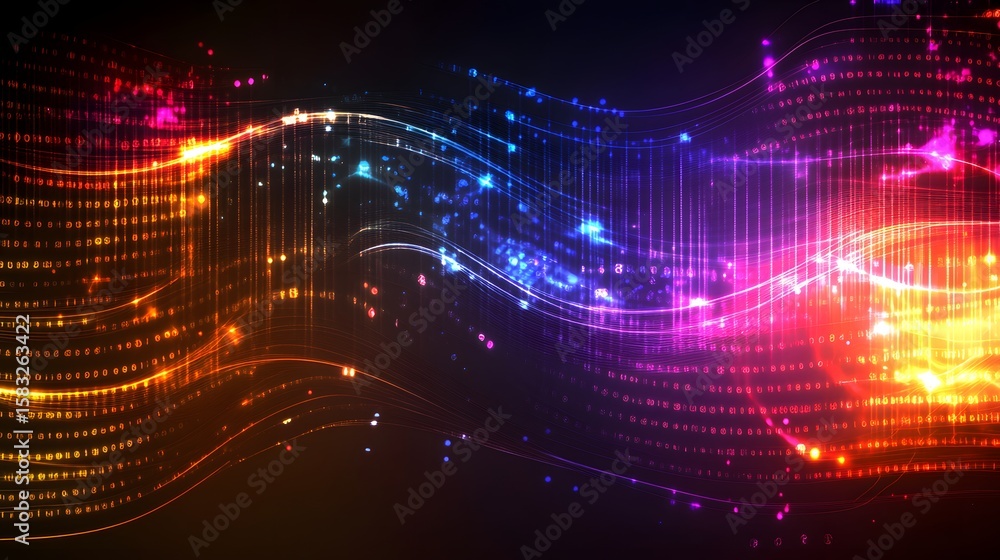 Poster abstract digital wave design with glowing binary code.