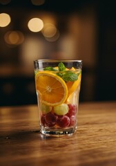 Refreshing Fruit Infused Water in Glass on Wooden Table