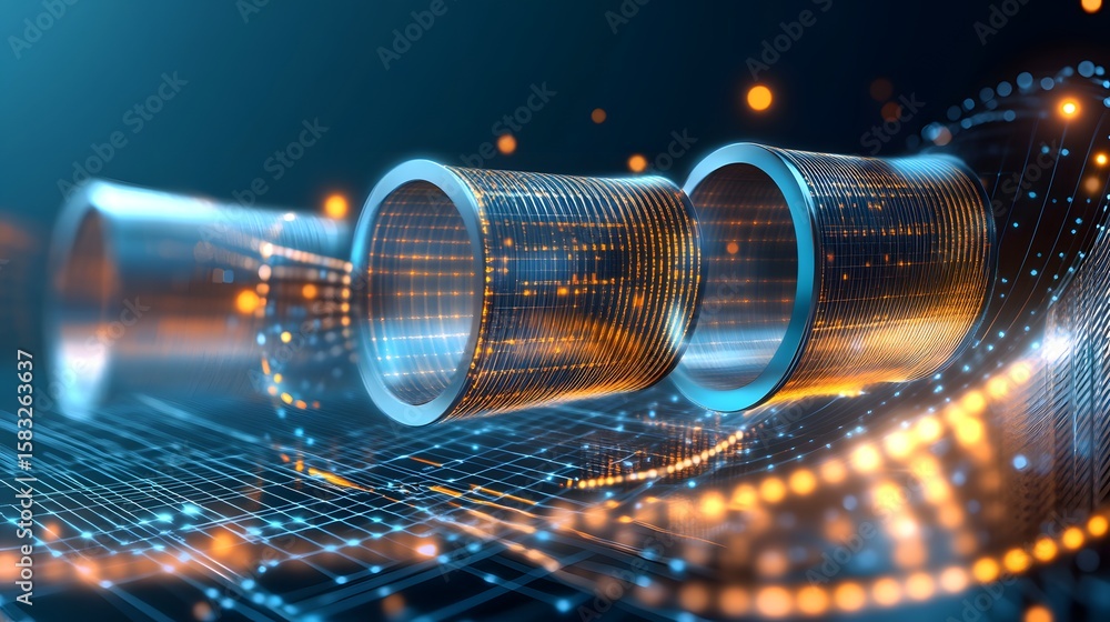 Poster two intricate, cylindrical shapes rest on an abstract digital network.