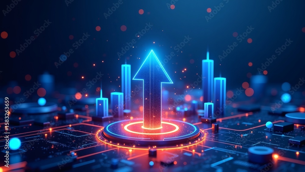 Poster a futuristic glowing arrow symbolizing growth and progress, set against a high-tech background. the 