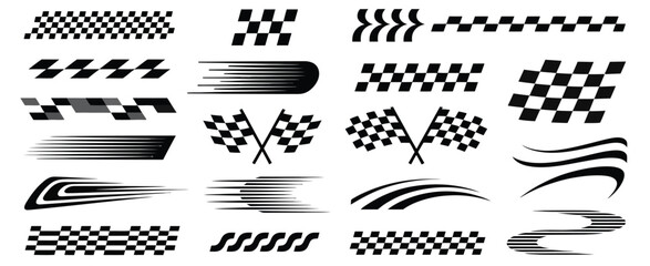 Racing Stripes and Checkered Flag Elements Vector Set Featuring Speed Lines and Car Decals