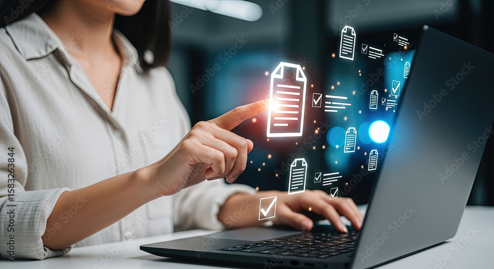 Poster digital document management: woman interacting with virtual files on laptop for efficient workflow, 