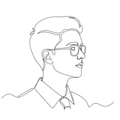 Young man in glasses looking thoughtfully to the side, line art  on transparent background