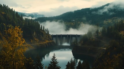 A panoramic shot of a massive hydroelectric dam generating clean energy from flowing river water