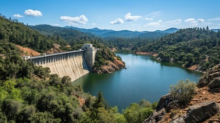 A panoramic shot of a massive hydroelectric dam generating clean energy from flowing river water