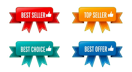 Four colorful promotional ribbon badges with thumbs up icons featuring 'Best Seller', 'Top Seller', 'Best Choice', and 'Best Offer' Vectpr