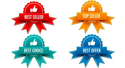 Four Colorful E-commerce Award Badges Set Vector - Best Seller, Top Seller, Best Choice and Best Offer Labels with Thumbs Up Icons