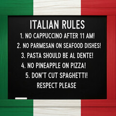 Italian food rules displayed on a blackboard framed in the colors of the italian flag.
