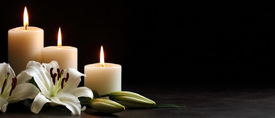 Three candles and white lilies on dark background
