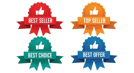 Four Colorful E-commerce Award Badges Set Vector - Best Seller, Top Seller, Best Choice and Best Offer Labels with Thumbs Up Icons
