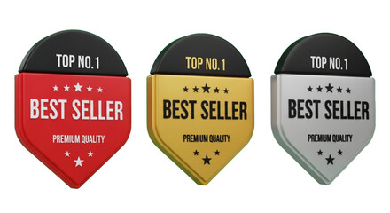Three Premium Best Seller Shield Badges Vector - Red, Gold and Silver Awards with Stars and Quality Labels