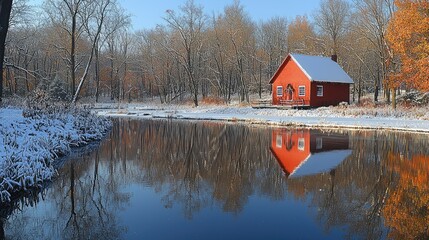 Obraz premium A tranquil winter scene of a red house reflecting in a still pond.