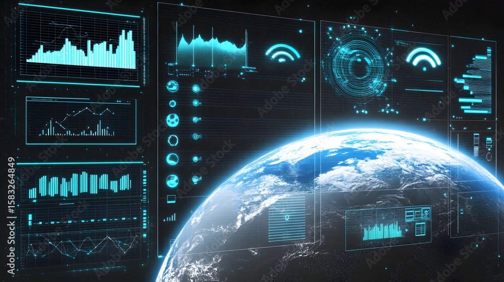 Aufkleber global data visualization displays information on a dark background.