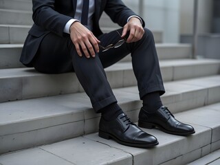Man in suit sitting on stairs holding glasses in hand wearing black shoes and socks in outdoor setting