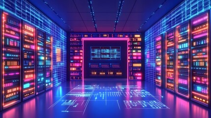 Obraz premium Neon-lit server room with glowing technology.