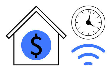 House outline with dollar symbol conveys finances, clock suggests time management, and wireless waves imply connectivity. Ideal for technology, efficiency, finance, economy, savings, home online