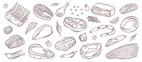 Meat and salmon fish set with steak, sausage, drumstick, bacon, fillet, vegetable, herb and spice in line art style. Perfect for packaging, restaurant menu and culinary themed design. © Iryna
